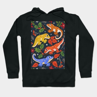 Colourful Christmas Geckos with Holly on Dark Blue Hoodie